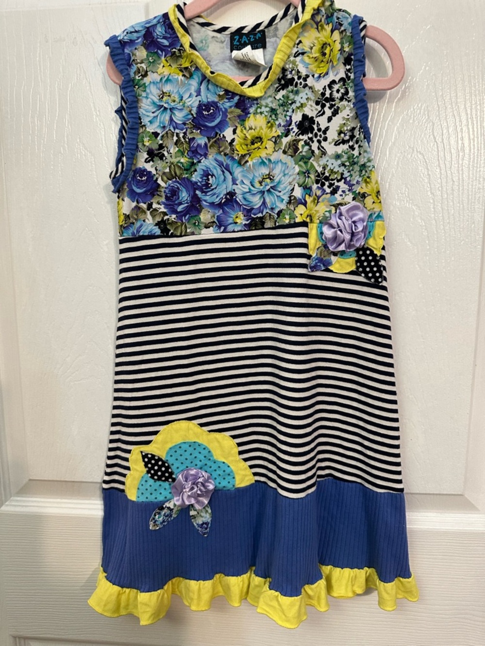 ZAZA Girls Blue & Yellow Floral-Stripe Casual Dress